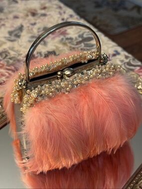 MOO ROO vintage ostrich rare feather purse bag beaded pink orange